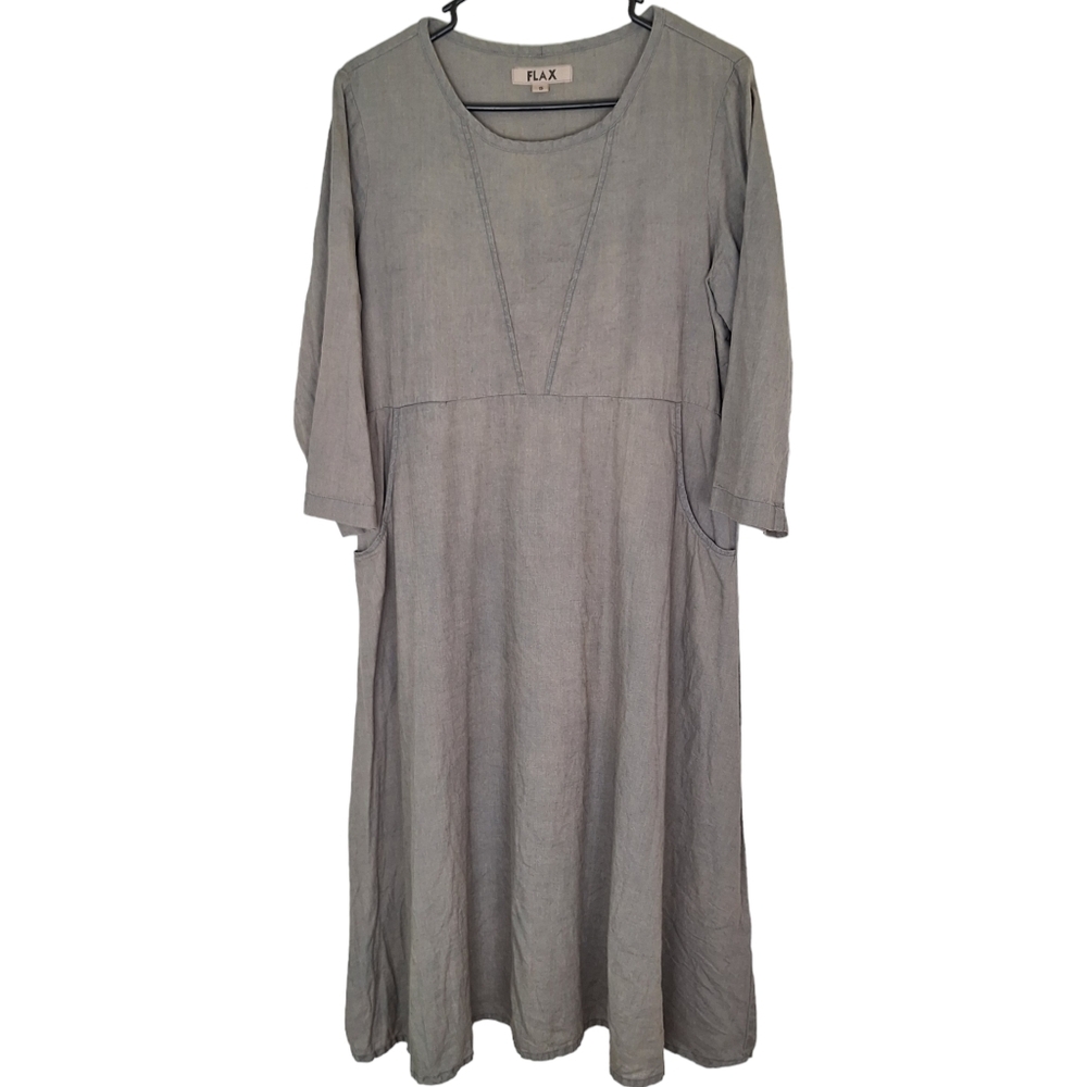 Flax 100% Linen Sage Green Grey Peasant Midi Short Sleeve Dress w Pockets S